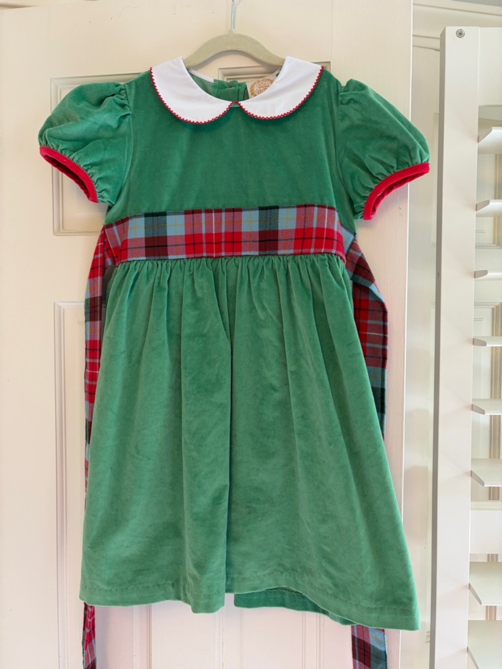 Green Velvet Holiday Dress with Plaid Tartan Tie
